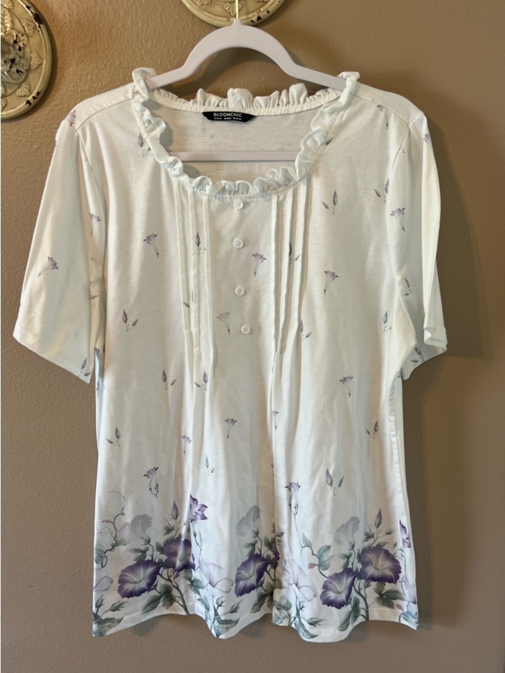 Bloomchic’s  White Floral Ruffle-Neck Women's Top